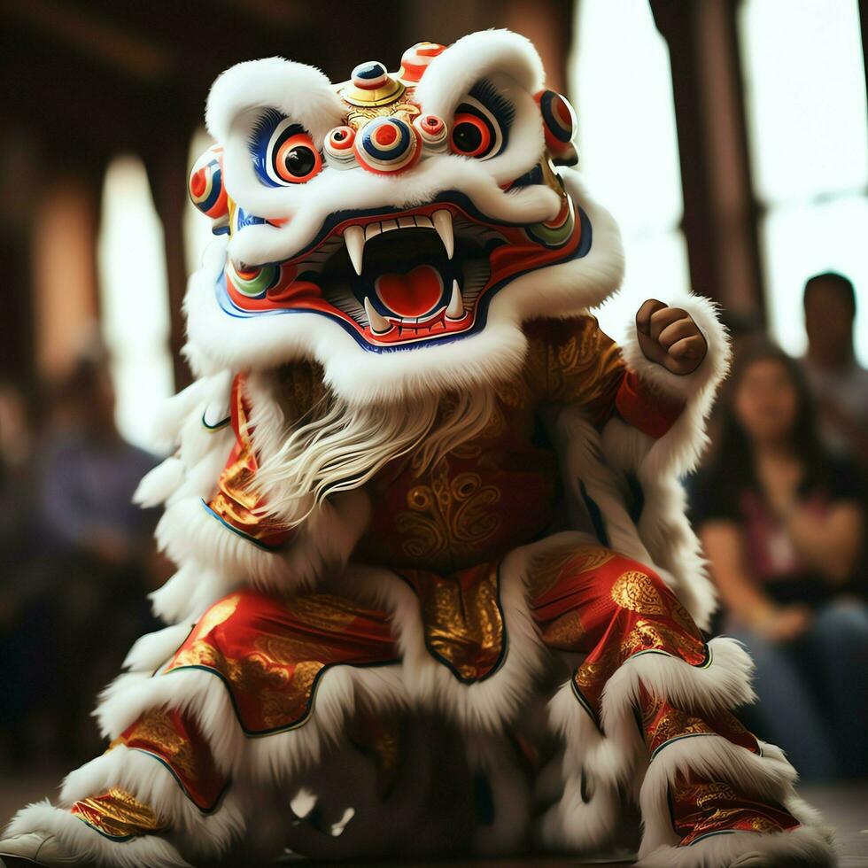 Dragão ou leão dança mostrar Barongsai dentro celebração chinês lunar Novo ano festival. ásia tradicional conceito de ai gerado foto