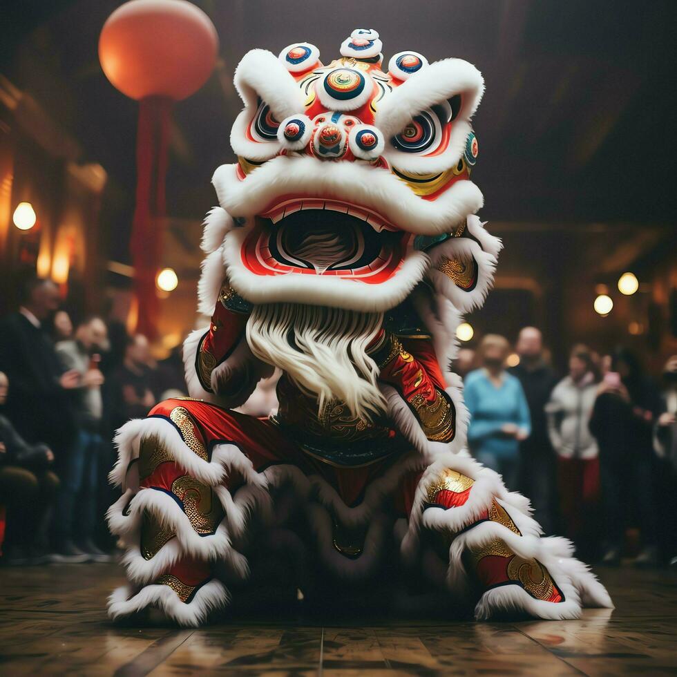 Dragão ou leão dança mostrar Barongsai dentro celebração chinês lunar Novo ano festival. ásia tradicional conceito de ai gerado foto