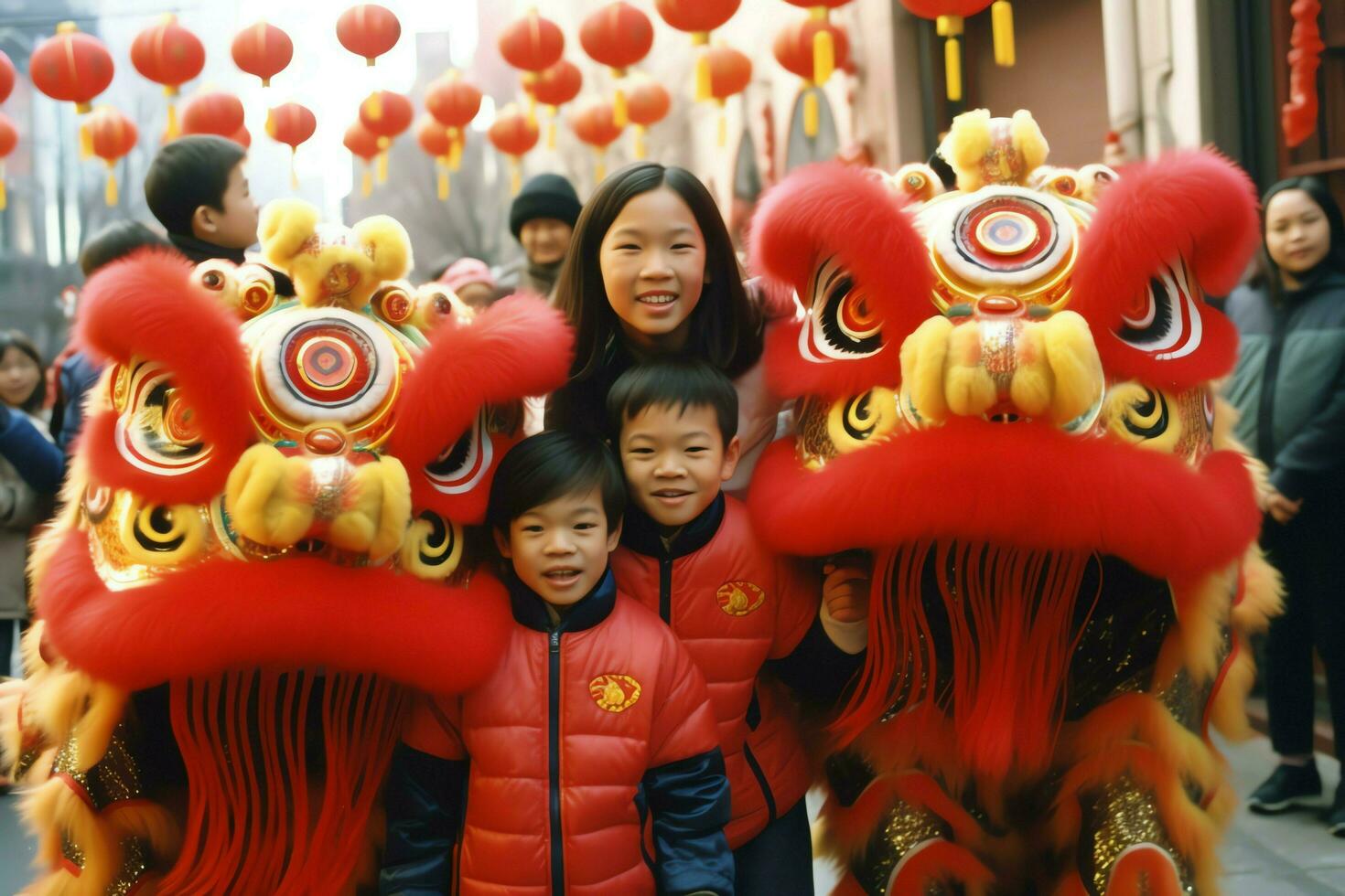 Dragão ou leão dança mostrar Barongsai dentro celebração chinês lunar Novo ano festival. ásia tradicional conceito de ai gerado foto