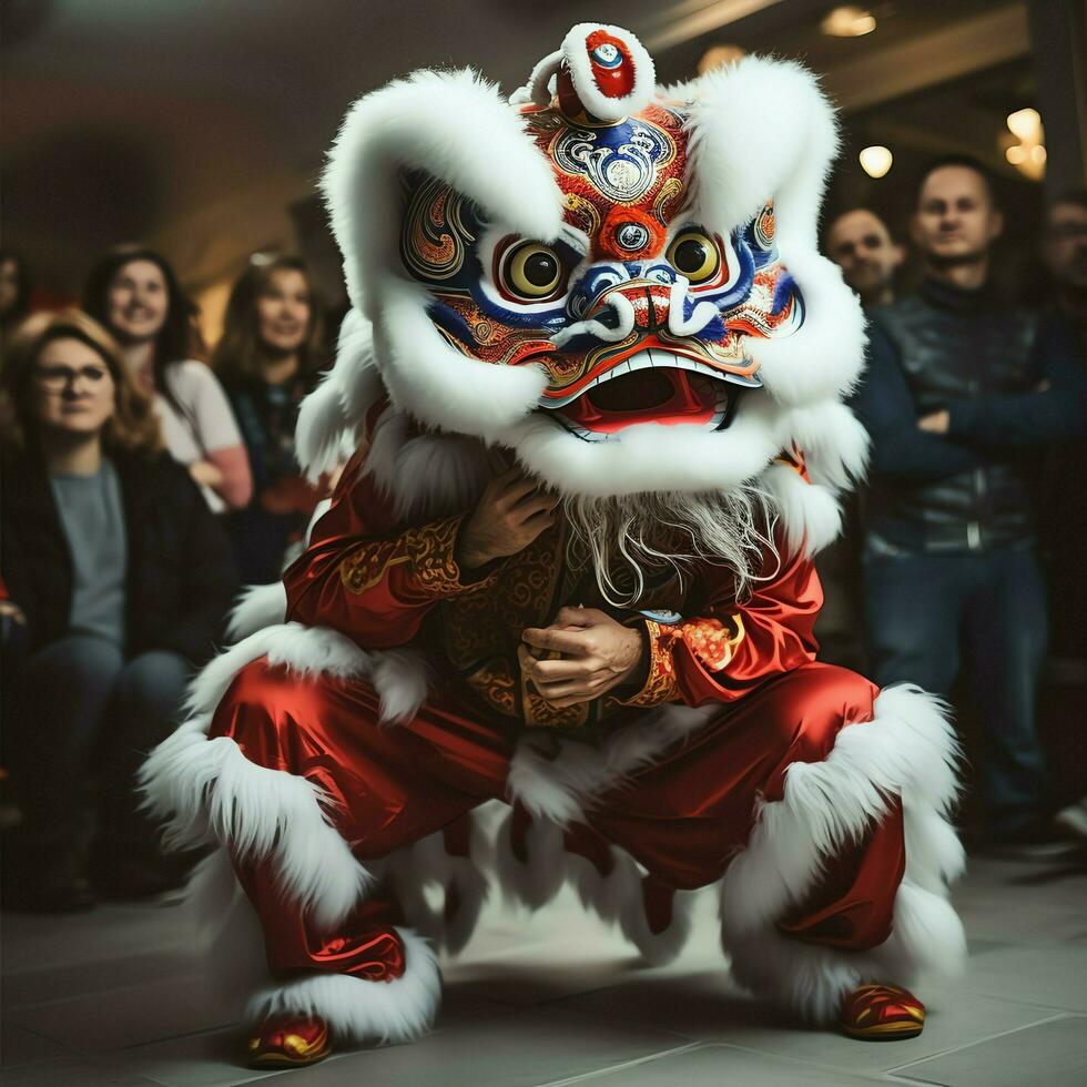 Dragão ou leão dança mostrar Barongsai dentro celebração chinês lunar Novo ano festival. ásia tradicional conceito de ai gerado foto