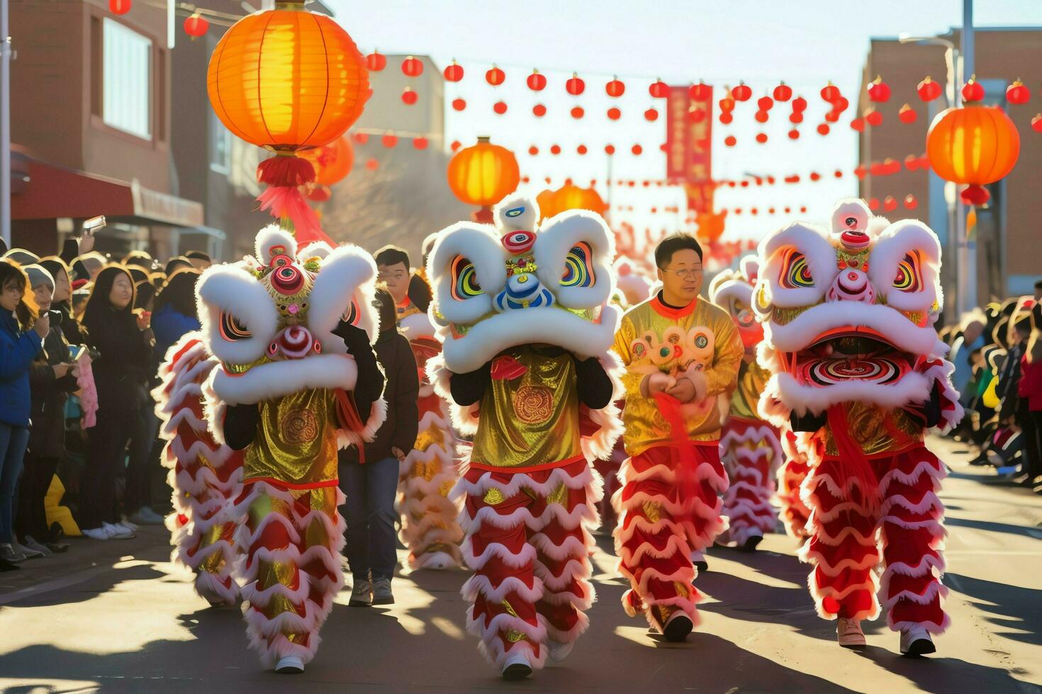 Dragão ou leão dança mostrar Barongsai dentro celebração chinês lunar Novo ano festival. ásia tradicional conceito de ai gerado foto