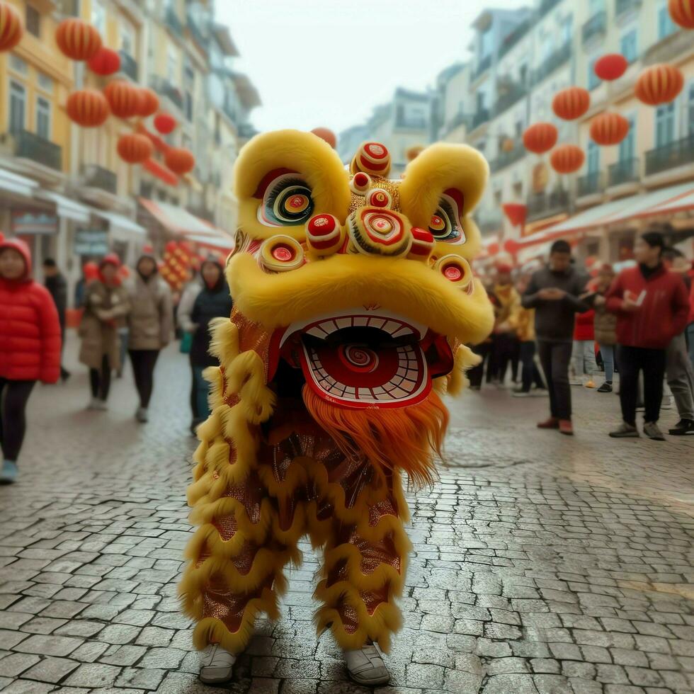 Dragão ou leão dança mostrar Barongsai dentro celebração chinês lunar Novo ano festival. ásia tradicional conceito de ai gerado foto