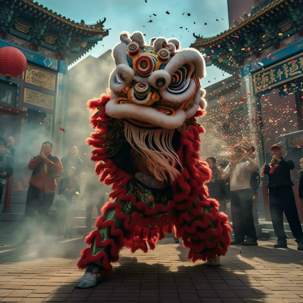 Dragão ou leão dança mostrar Barongsai dentro celebração chinês lunar Novo ano festival. ásia tradicional conceito de ai gerado foto