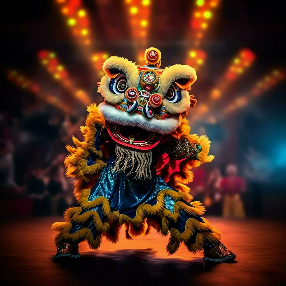 Dragão ou leão dança mostrar Barongsai dentro celebração chinês lunar Novo ano festival. ásia tradicional conceito de ai gerado foto