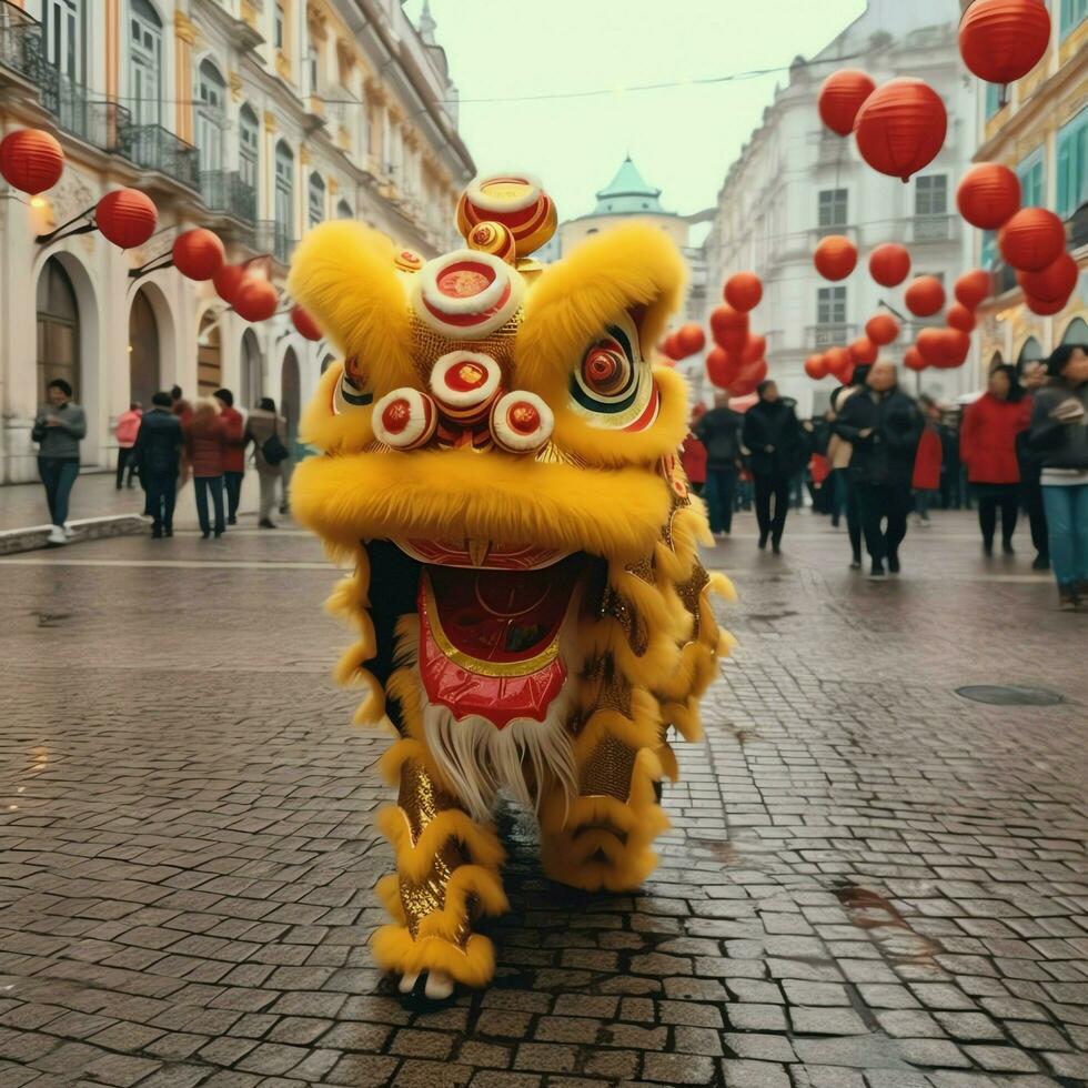 Dragão ou leão dança mostrar Barongsai dentro celebração chinês lunar Novo ano festival. ásia tradicional conceito de ai gerado foto