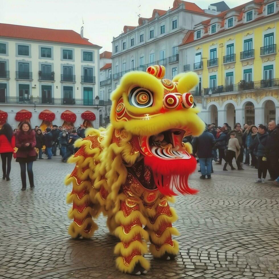 Dragão ou leão dança mostrar Barongsai dentro celebração chinês lunar Novo ano festival. ásia tradicional conceito de ai gerado foto