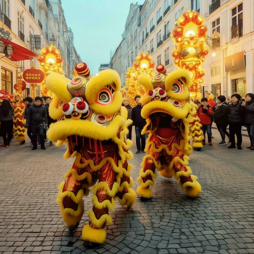 Dragão ou leão dança mostrar Barongsai dentro celebração chinês lunar Novo ano festival. ásia tradicional conceito de ai gerado foto