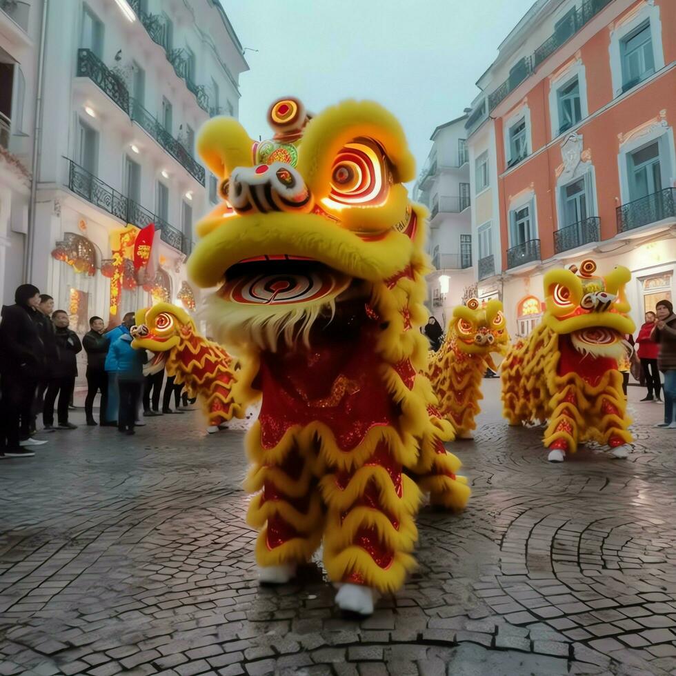 Dragão ou leão dança mostrar Barongsai dentro celebração chinês lunar Novo ano festival. ásia tradicional conceito de ai gerado foto