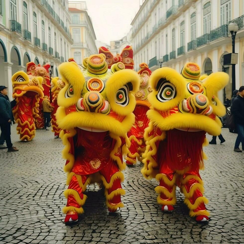 Dragão ou leão dança mostrar Barongsai dentro celebração chinês lunar Novo ano festival. ásia tradicional conceito de ai gerado foto