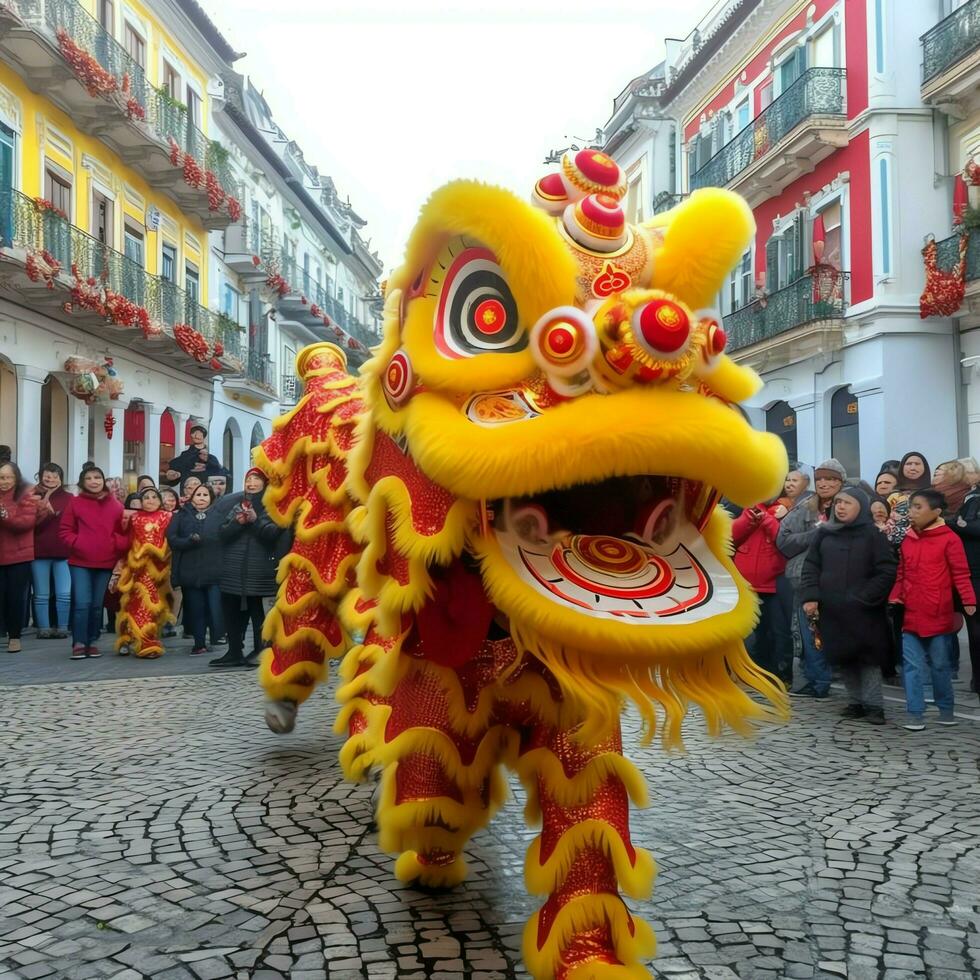 Dragão ou leão dança mostrar Barongsai dentro celebração chinês lunar Novo ano festival. ásia tradicional conceito de ai gerado foto