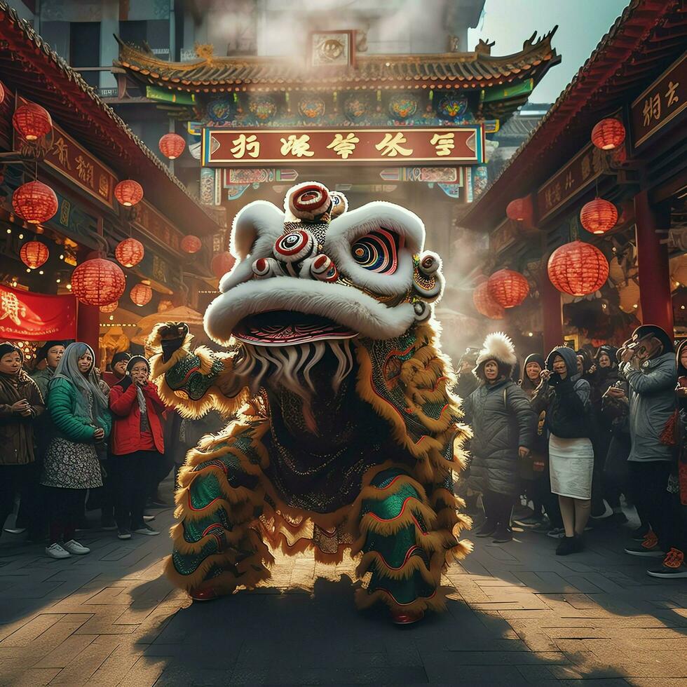 Dragão ou leão dança mostrar Barongsai dentro celebração chinês lunar Novo ano festival. ásia tradicional conceito de ai gerado foto