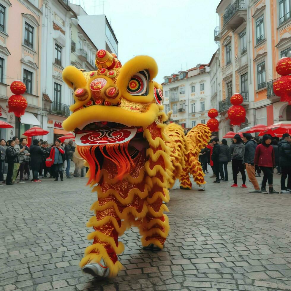 Dragão ou leão dança mostrar Barongsai dentro celebração chinês lunar Novo ano festival. ásia tradicional conceito de ai gerado foto