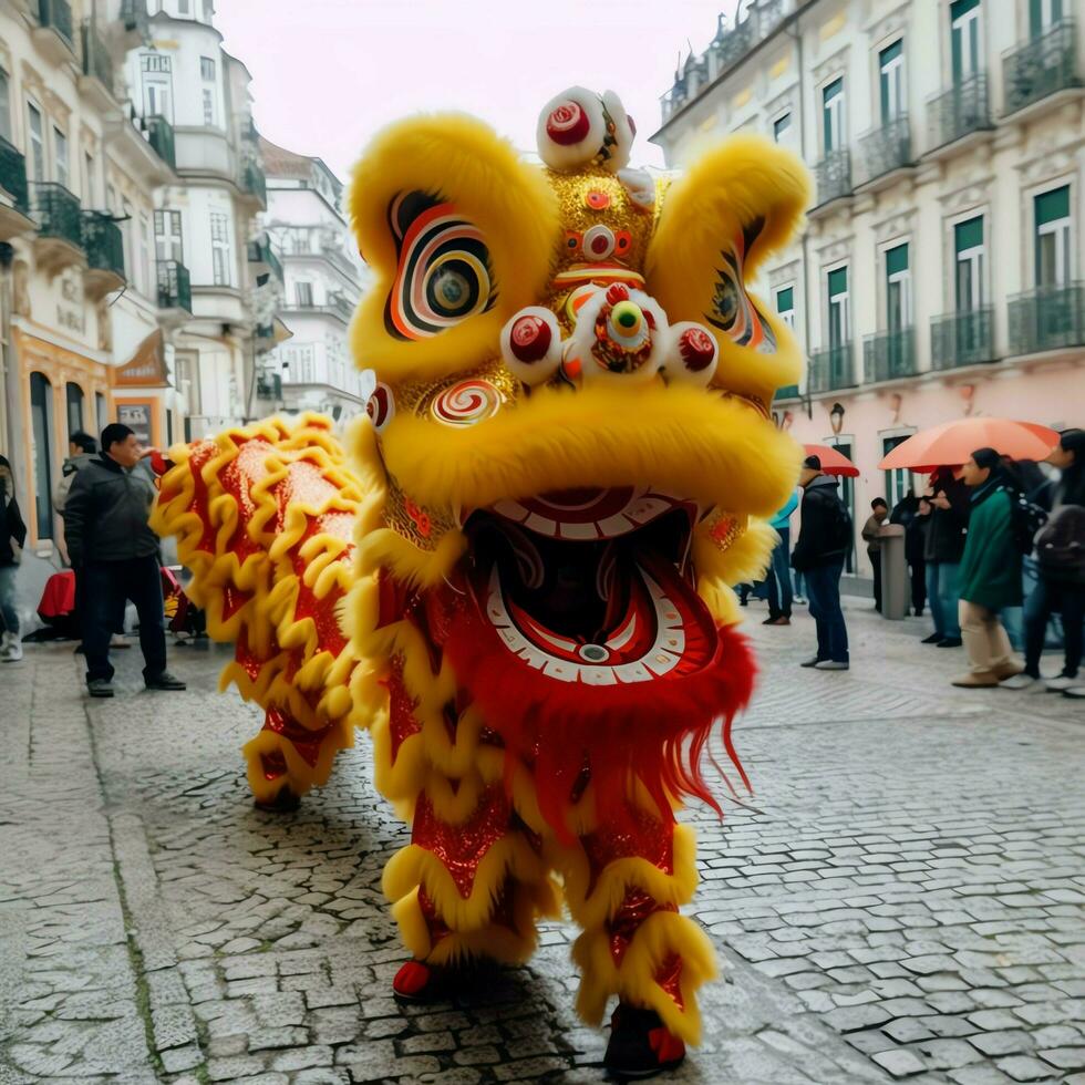 Dragão ou leão dança mostrar Barongsai dentro celebração chinês lunar Novo ano festival. ásia tradicional conceito de ai gerado foto