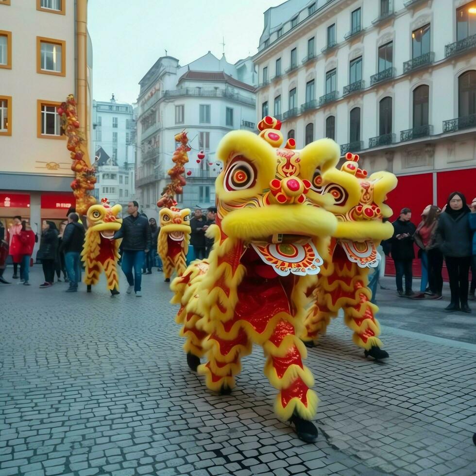 Dragão ou leão dança mostrar Barongsai dentro celebração chinês lunar Novo ano festival. ásia tradicional conceito de ai gerado foto