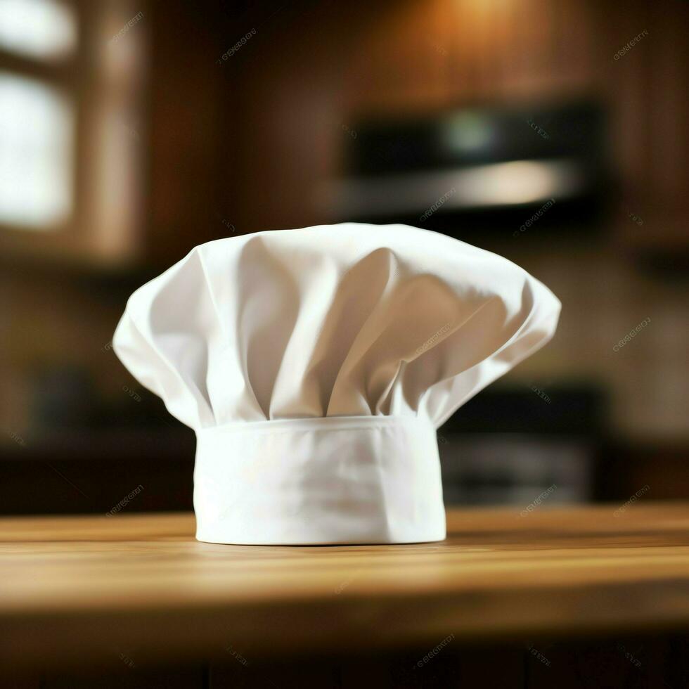 branco cozinhar chapéu dentro a cozinha mesa e cópia de espaço para seu decoração. publicidade fotografia conceito de ai gerado foto