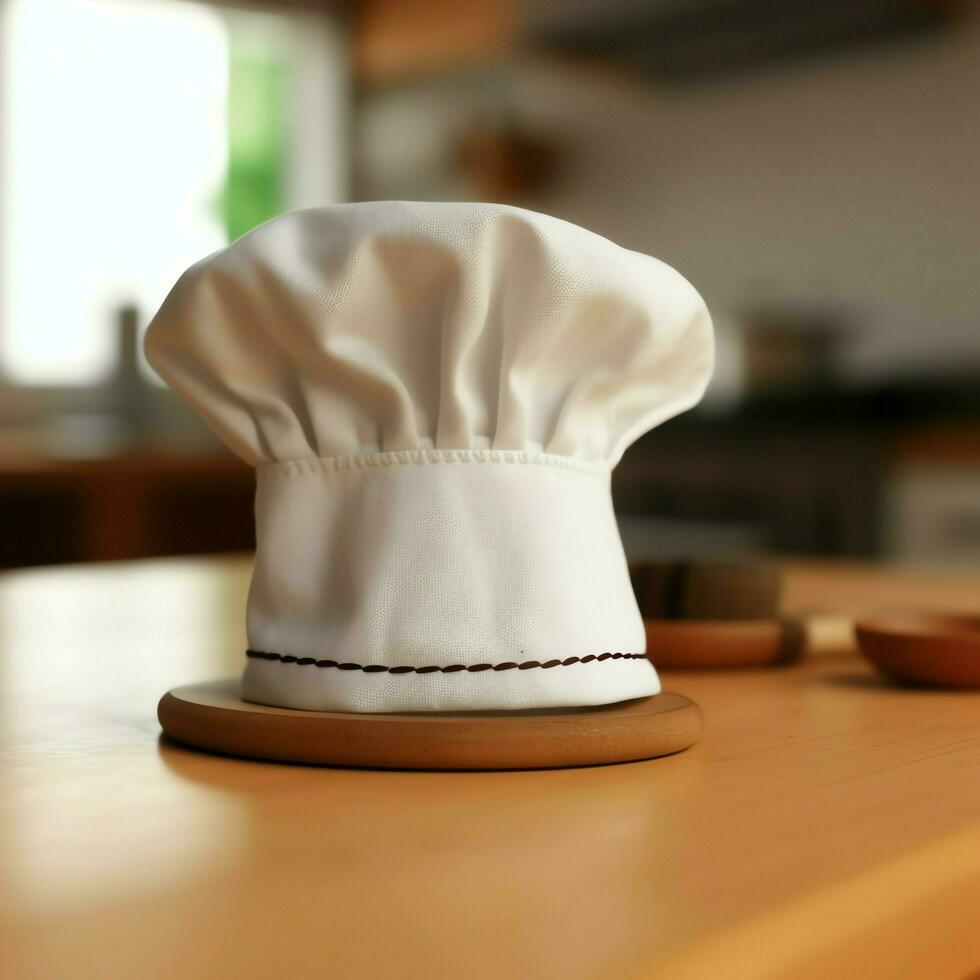 branco cozinhar chapéu dentro a cozinha mesa e cópia de espaço para seu decoração. publicidade fotografia conceito de ai gerado foto