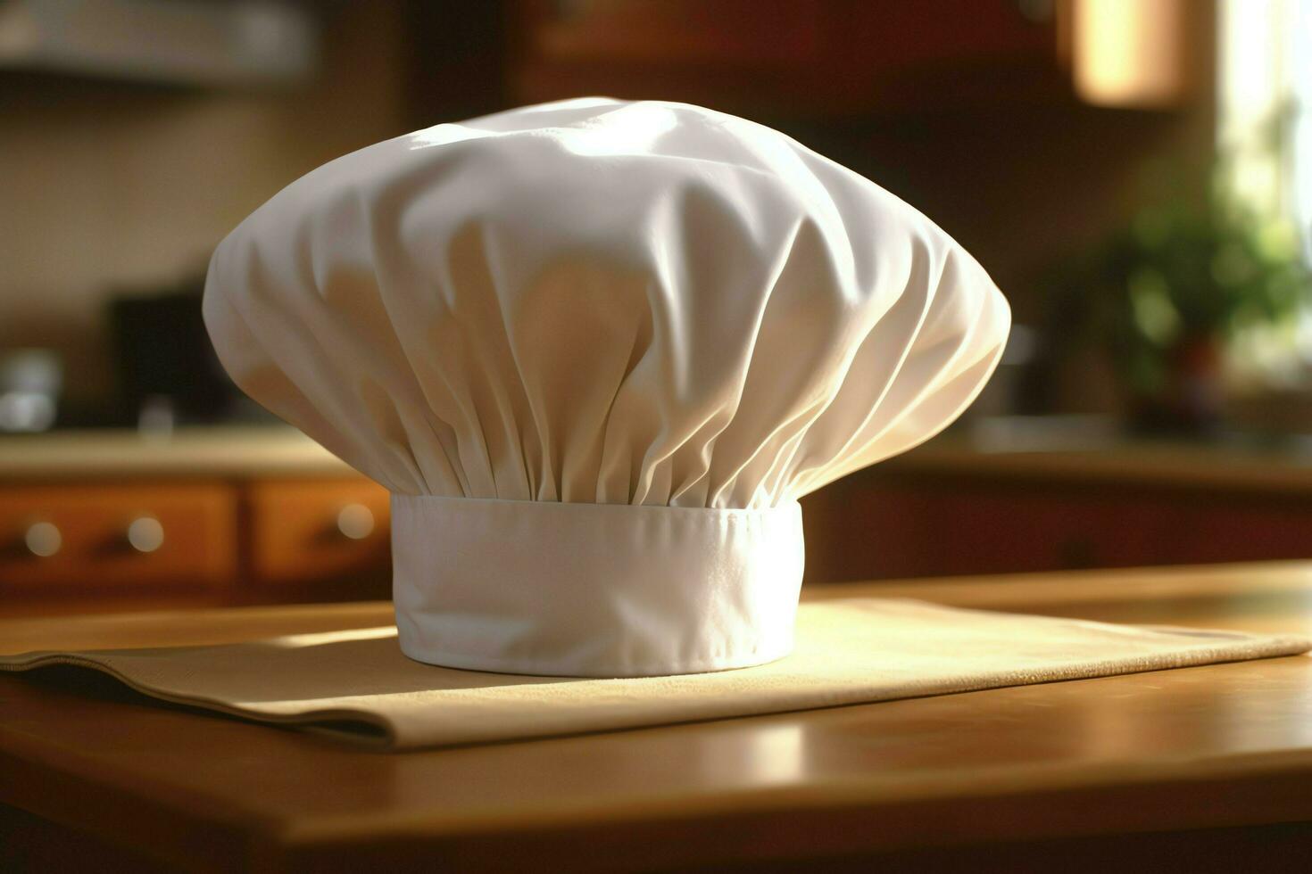 branco cozinhar chapéu dentro a cozinha mesa e cópia de espaço para seu decoração. publicidade fotografia conceito de ai gerado foto