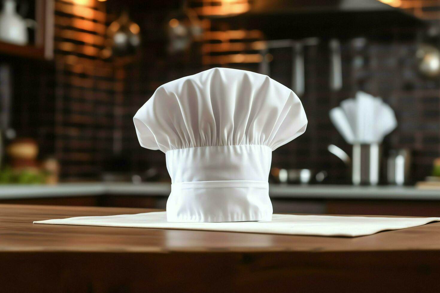 branco cozinhar chapéu dentro a cozinha mesa e cópia de espaço para seu decoração. publicidade fotografia conceito de ai gerado foto