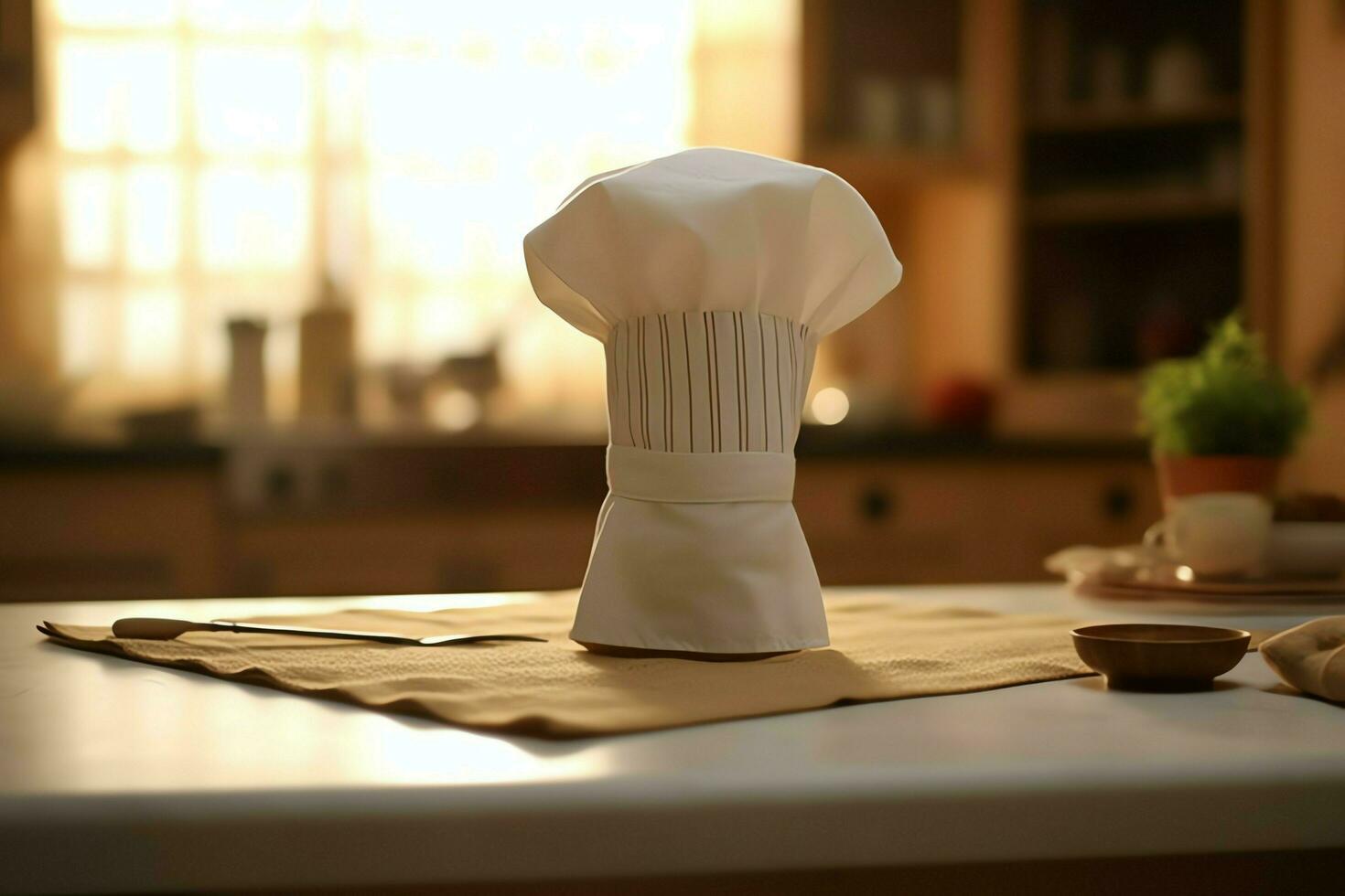 branco cozinhar chapéu dentro a cozinha mesa e cópia de espaço para seu decoração. publicidade fotografia conceito de ai gerado foto