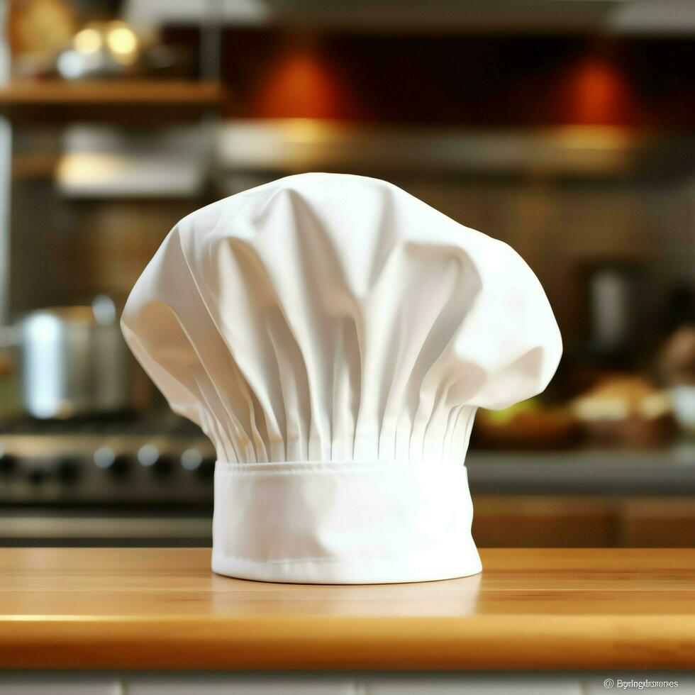 branco cozinhar chapéu dentro a cozinha mesa e cópia de espaço para seu decoração. publicidade fotografia conceito de ai gerado foto