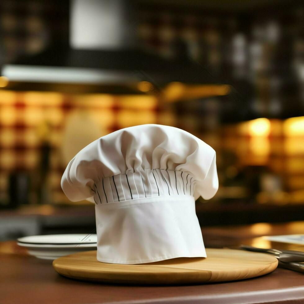 branco cozinhar chapéu dentro a cozinha mesa e cópia de espaço para seu decoração. publicidade fotografia conceito de ai gerado foto