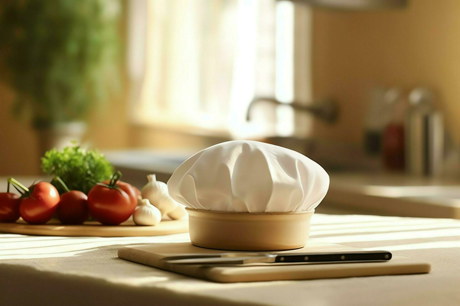 branco cozinhar chapéu dentro a cozinha mesa e cópia de espaço para seu decoração. publicidade fotografia conceito de ai gerado foto