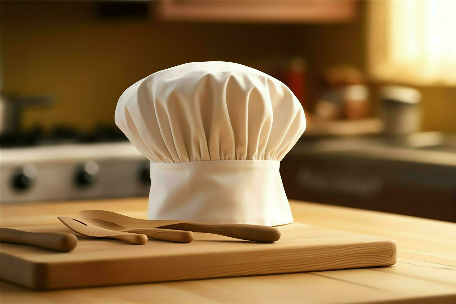 branco cozinhar chapéu dentro a cozinha mesa e cópia de espaço para seu decoração. publicidade fotografia conceito de ai gerado foto