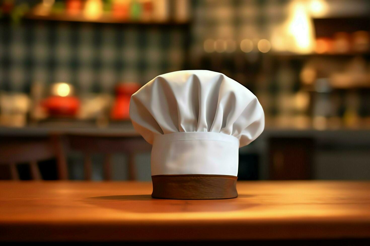 branco cozinhar chapéu dentro a cozinha mesa e cópia de espaço para seu decoração. publicidade fotografia conceito de ai gerado foto