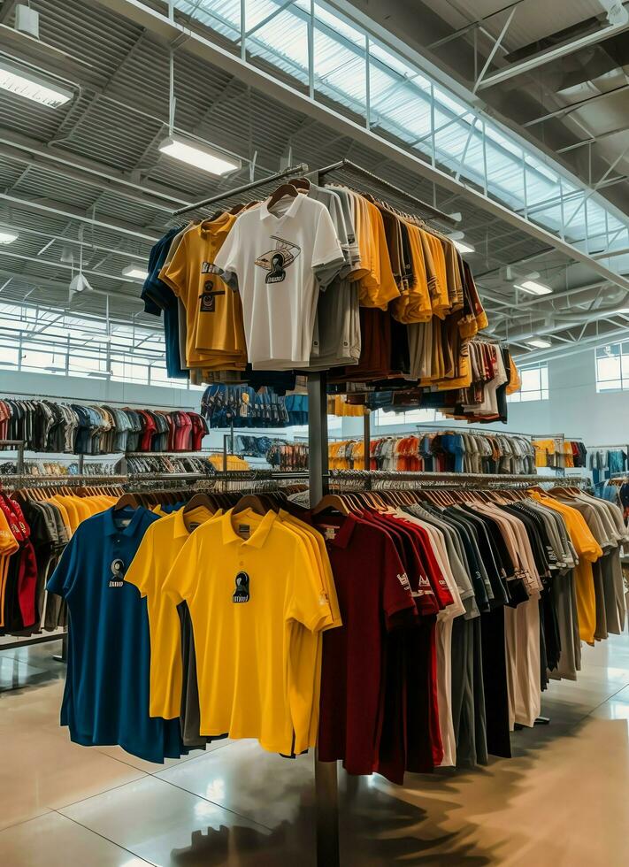 linha do elegante pólo Camisetas para homem em de madeira cabide ou prateleira dentro uma roupas boutique varejo fazer compras conceito de ai gerado foto