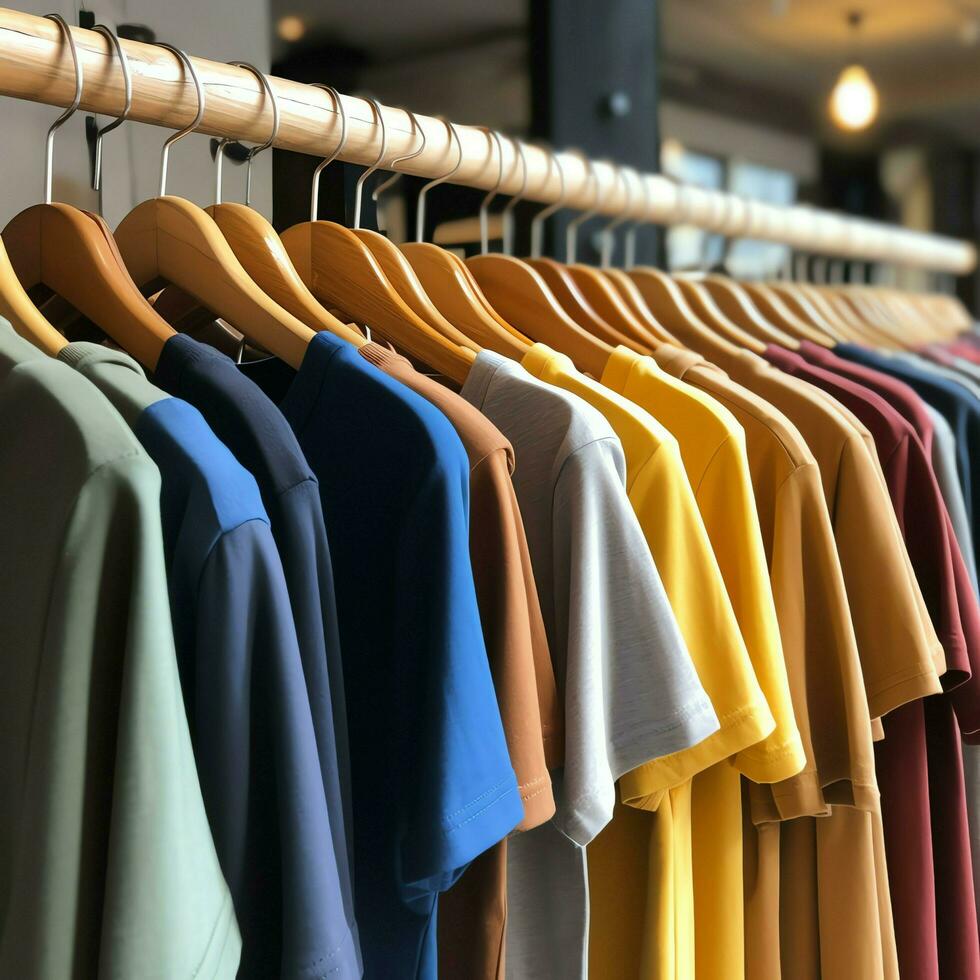 linha do elegante pólo Camisetas para homem em de madeira cabide ou prateleira dentro uma roupas boutique varejo fazer compras conceito de ai gerado foto