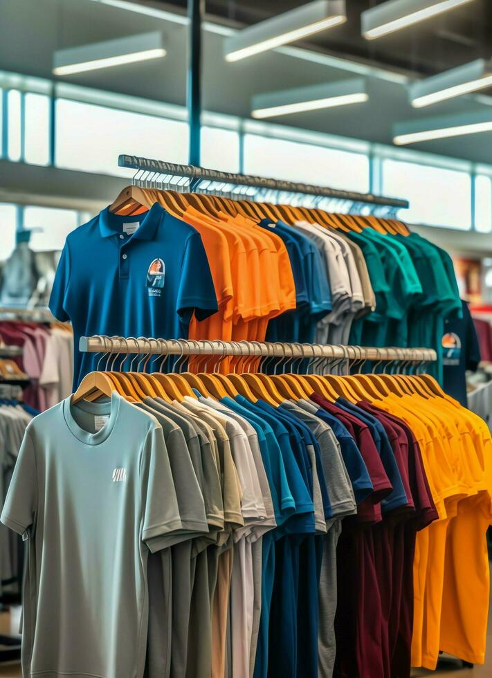 linha do elegante pólo Camisetas para homem em de madeira cabide ou prateleira dentro uma roupas boutique varejo fazer compras conceito de ai gerado foto