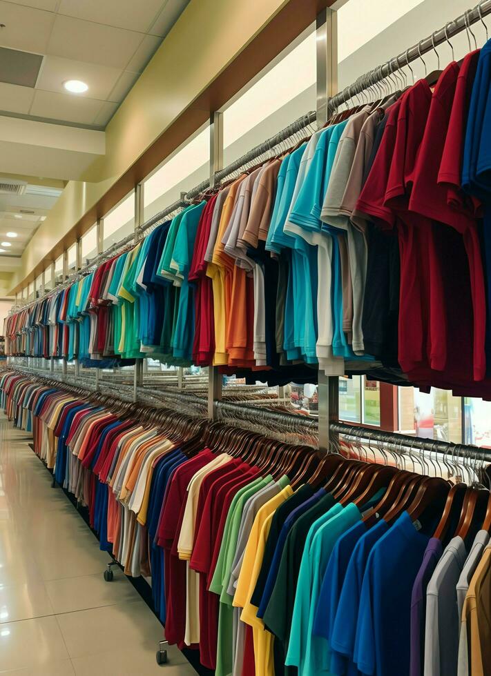 linha do elegante pólo Camisetas para homem em de madeira cabide ou prateleira dentro uma roupas boutique varejo fazer compras conceito de ai gerado foto