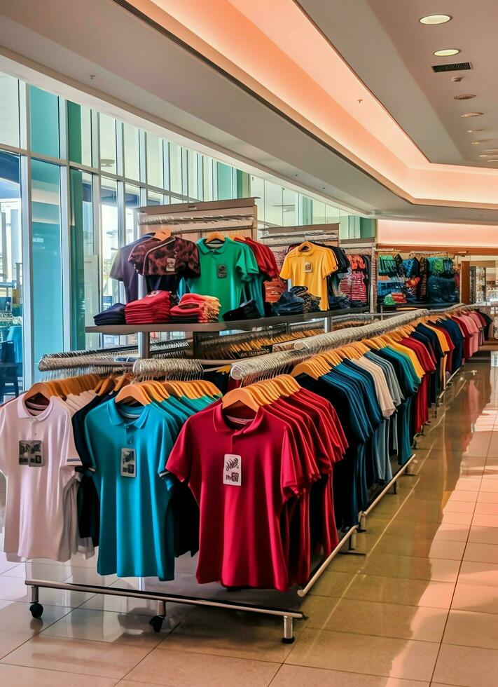 linha do elegante pólo Camisetas para homem em de madeira cabide ou prateleira dentro uma roupas boutique varejo fazer compras conceito de ai gerado foto