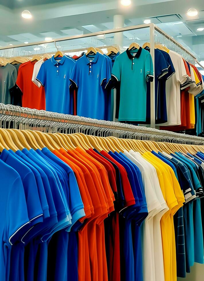 linha do elegante pólo Camisetas para homem em de madeira cabide ou prateleira dentro uma roupas boutique varejo fazer compras conceito de ai gerado foto