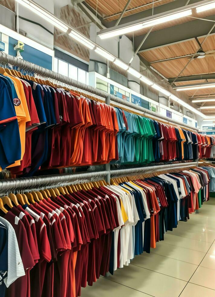 linha do elegante pólo Camisetas para homem em de madeira cabide ou prateleira dentro uma roupas boutique varejo fazer compras conceito de ai gerado foto