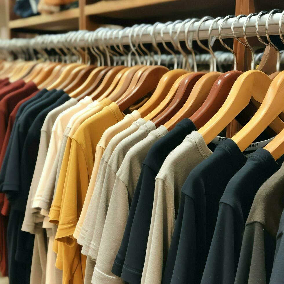 linha do elegante pólo Camisetas para homem em de madeira cabide ou prateleira dentro uma roupas boutique varejo fazer compras conceito de ai gerado foto