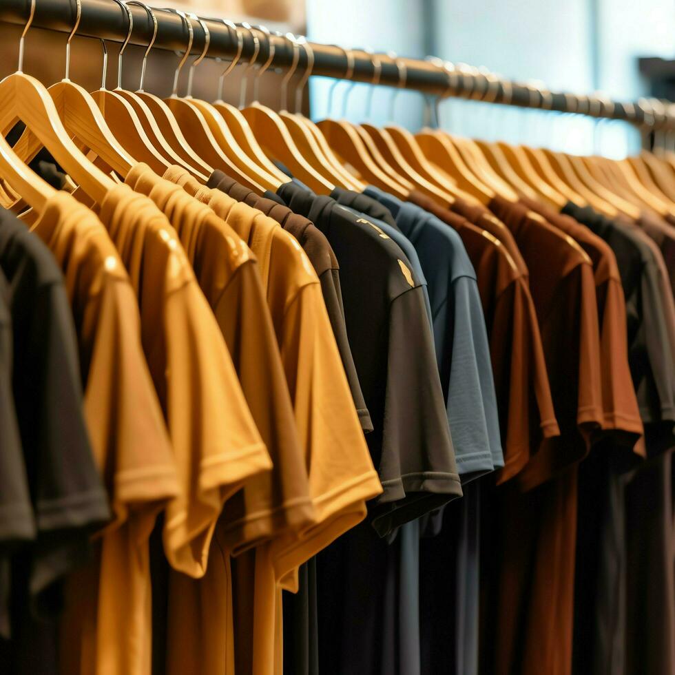 linha do elegante pólo Camisetas para homem em de madeira cabide ou prateleira dentro uma roupas boutique varejo fazer compras conceito de ai gerado foto