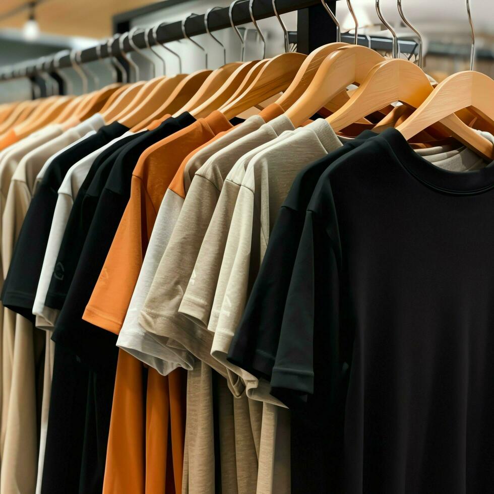 linha do elegante pólo Camisetas para homem em de madeira cabide ou prateleira dentro uma roupas boutique varejo fazer compras conceito de ai gerado foto