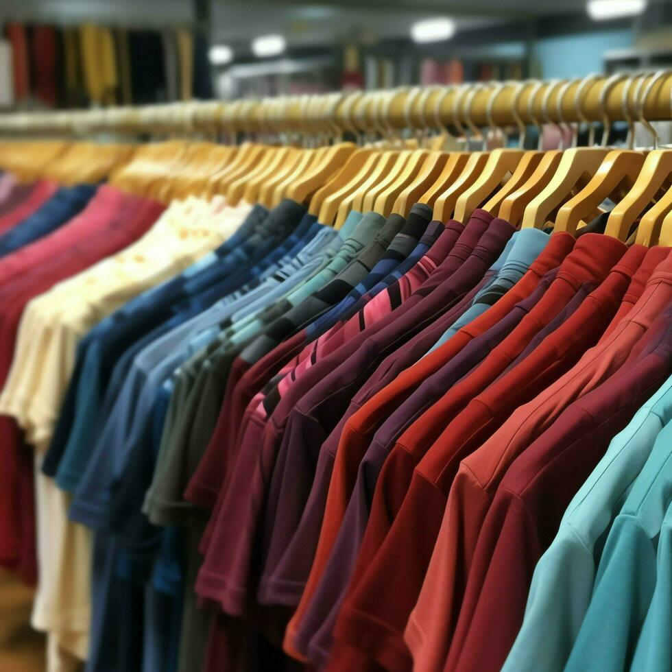 linha do elegante pólo Camisetas para homem em de madeira cabide ou prateleira dentro uma roupas boutique varejo fazer compras conceito de ai gerado foto