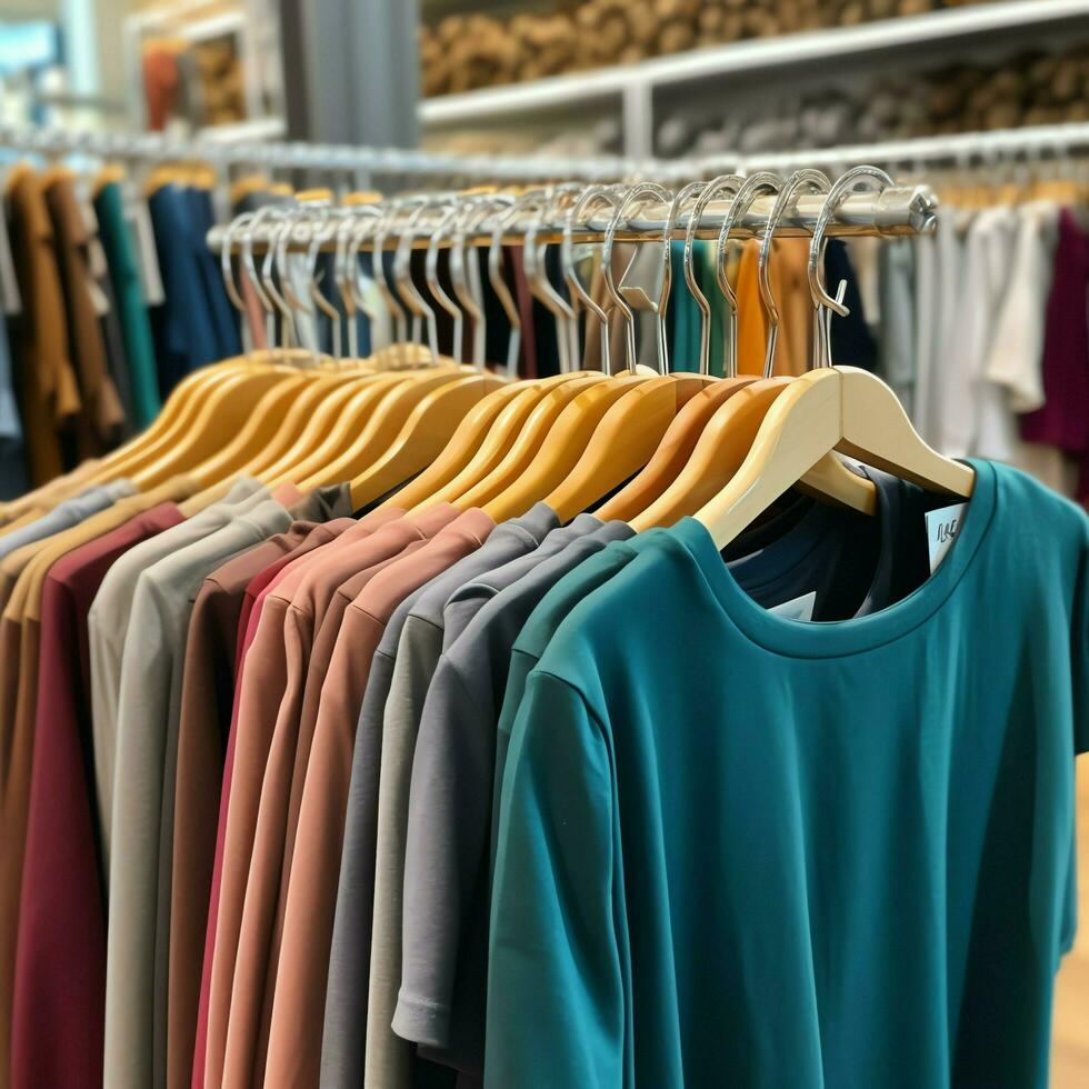 linha do elegante pólo Camisetas para homem em de madeira cabide ou prateleira dentro uma roupas boutique varejo fazer compras conceito de ai gerado foto