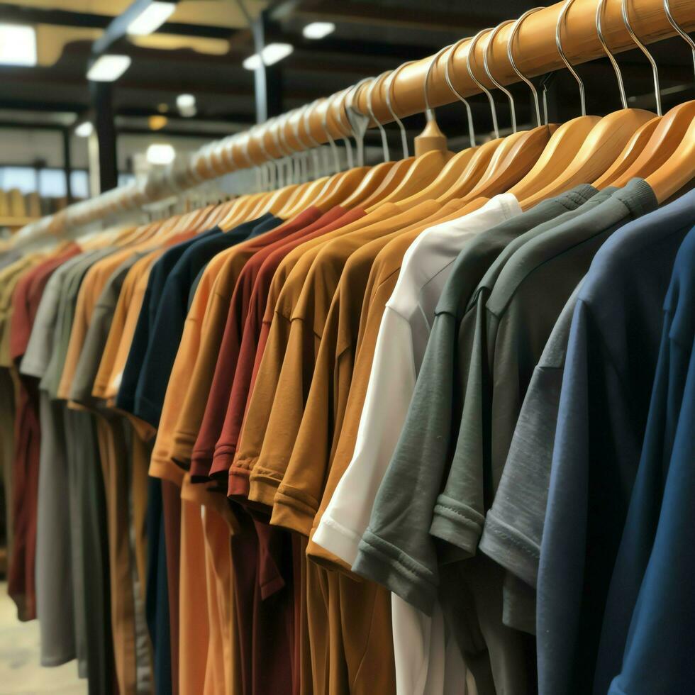 linha do elegante pólo Camisetas para homem em de madeira cabide ou prateleira dentro uma roupas boutique varejo fazer compras conceito de ai gerado foto