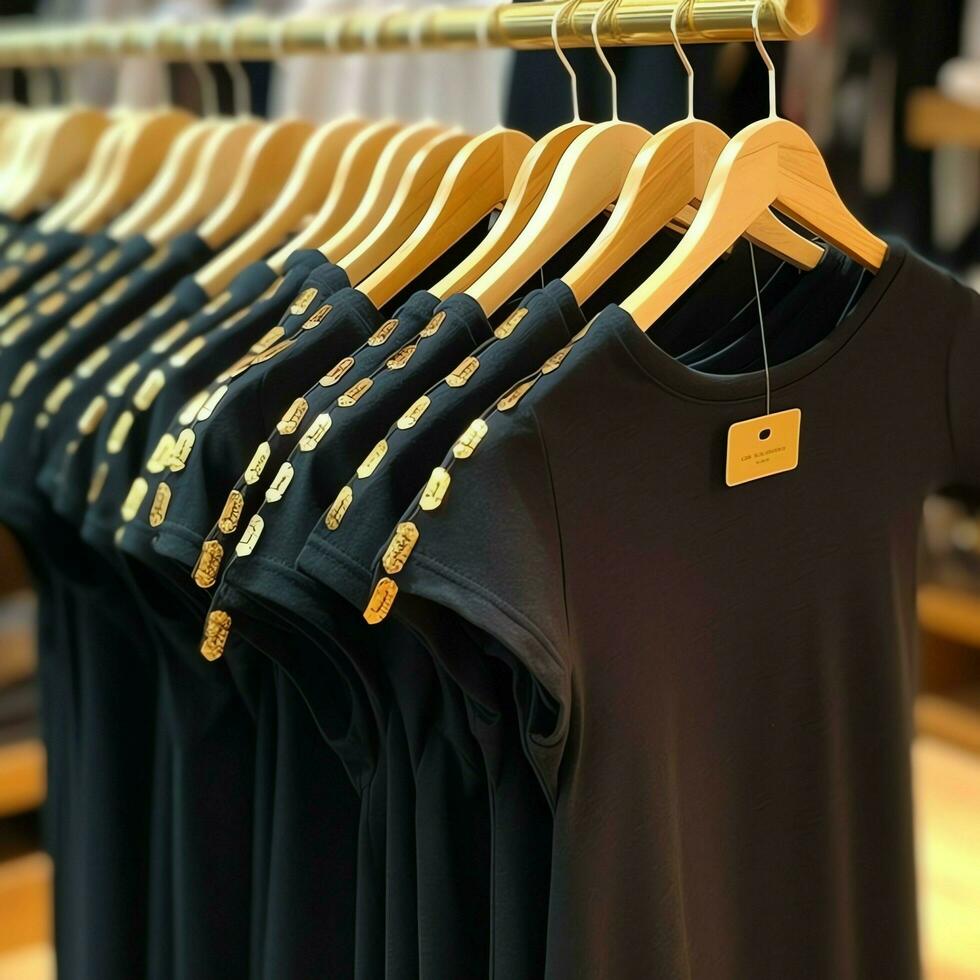 linha do elegante pólo Camisetas para homem em de madeira cabide ou prateleira dentro uma roupas boutique varejo fazer compras conceito de ai gerado foto