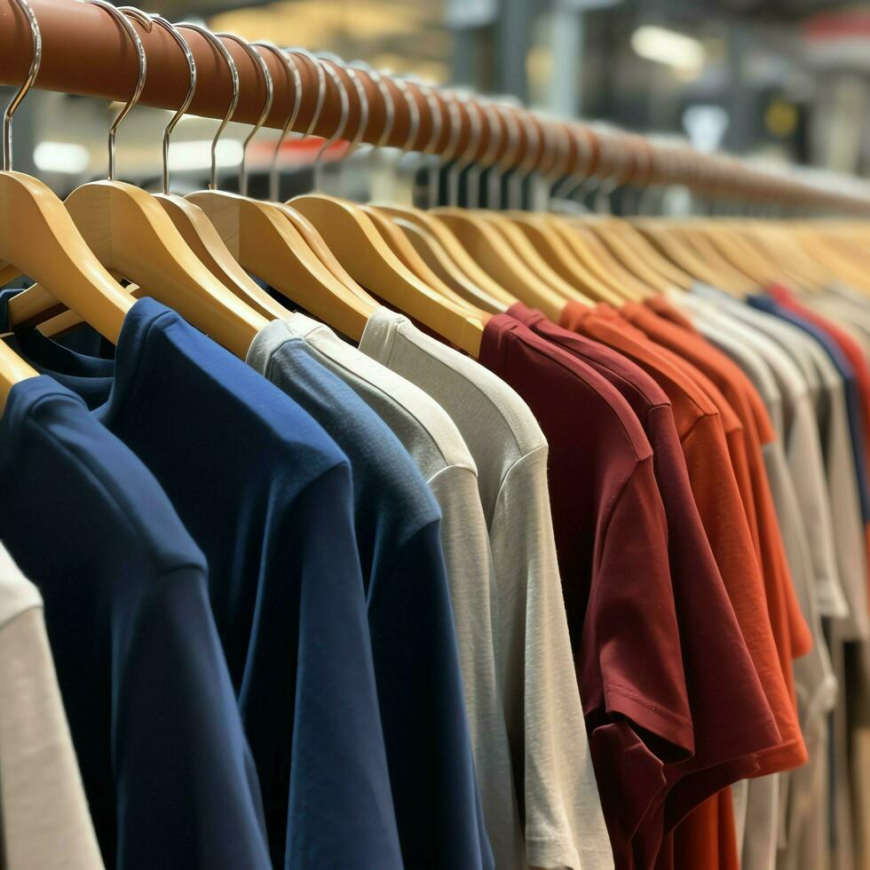 linha do elegante pólo Camisetas para homem em de madeira cabide ou prateleira dentro uma roupas boutique varejo fazer compras conceito de ai gerado foto