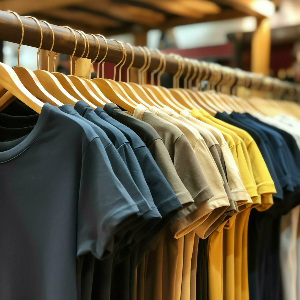 linha do elegante pólo Camisetas para homem em de madeira cabide ou prateleira dentro uma roupas boutique varejo fazer compras conceito de ai gerado foto