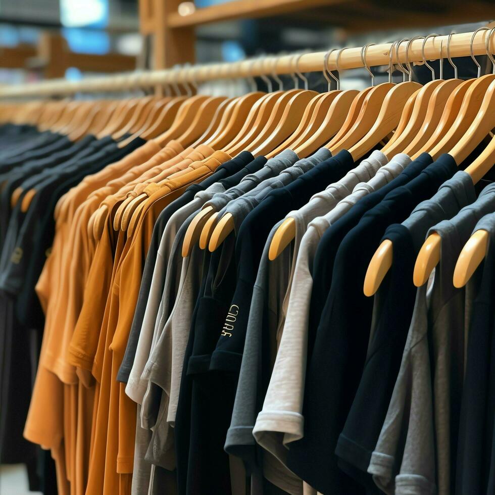 linha do elegante pólo Camisetas para homem em de madeira cabide ou prateleira dentro uma roupas boutique varejo fazer compras conceito de ai gerado foto