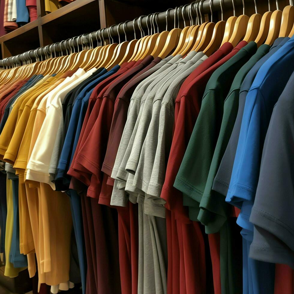 linha do elegante pólo Camisetas para homem em de madeira cabide ou prateleira dentro uma roupas boutique varejo fazer compras conceito de ai gerado foto