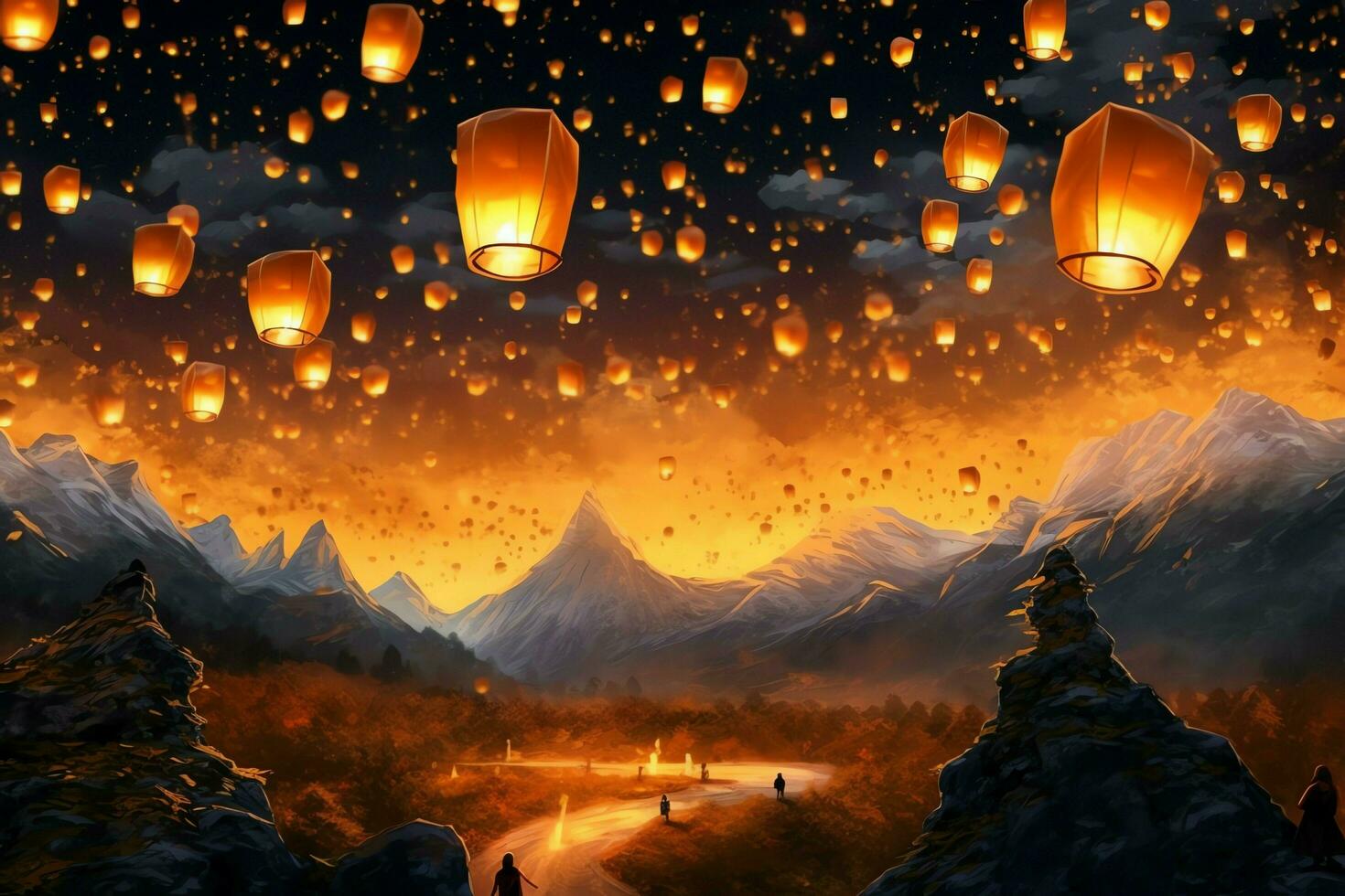 vôo lanternas dentro a noite céu durante a diwali festival Índia, sim peng ou meio do outono dia dentro China conceito de ai gerado foto