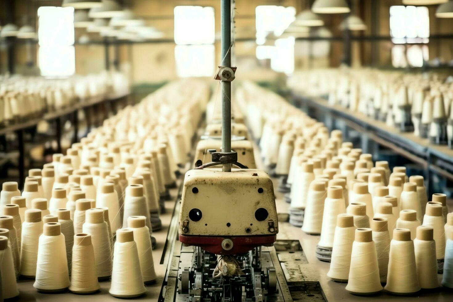 têxtil pano fábrica indústria com bordado máquina, tricô ou fiação. de costura fio companhia conceito de ai gerado foto