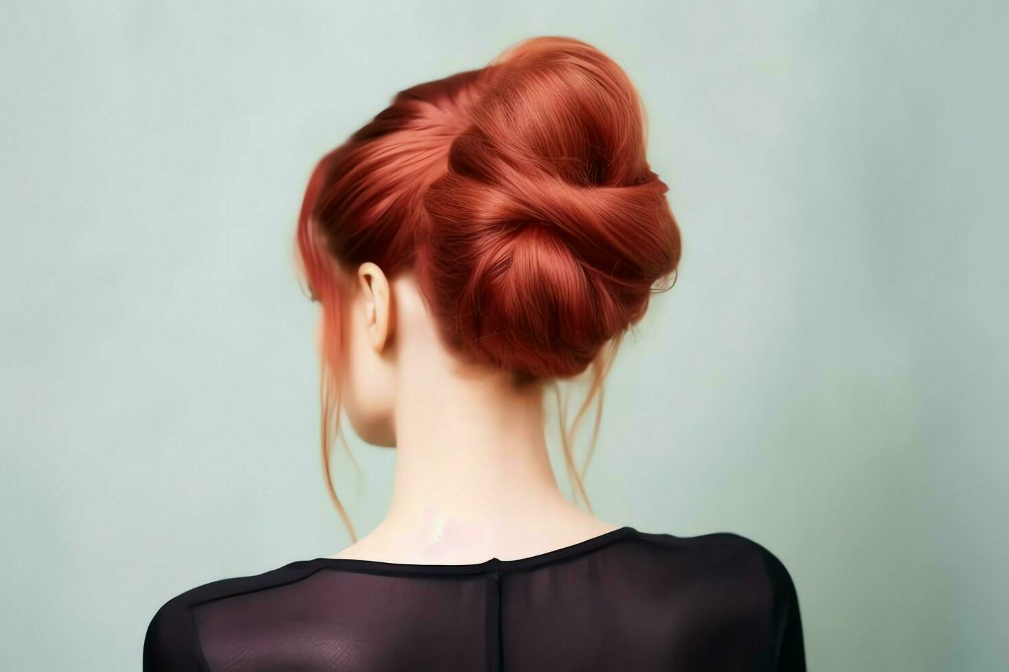 uma lindo noiva com uma pão penteados para grandes cabelo Veja a partir de voltar. uma fêmea Penteado traseiro Visão conceito de ai gerado foto