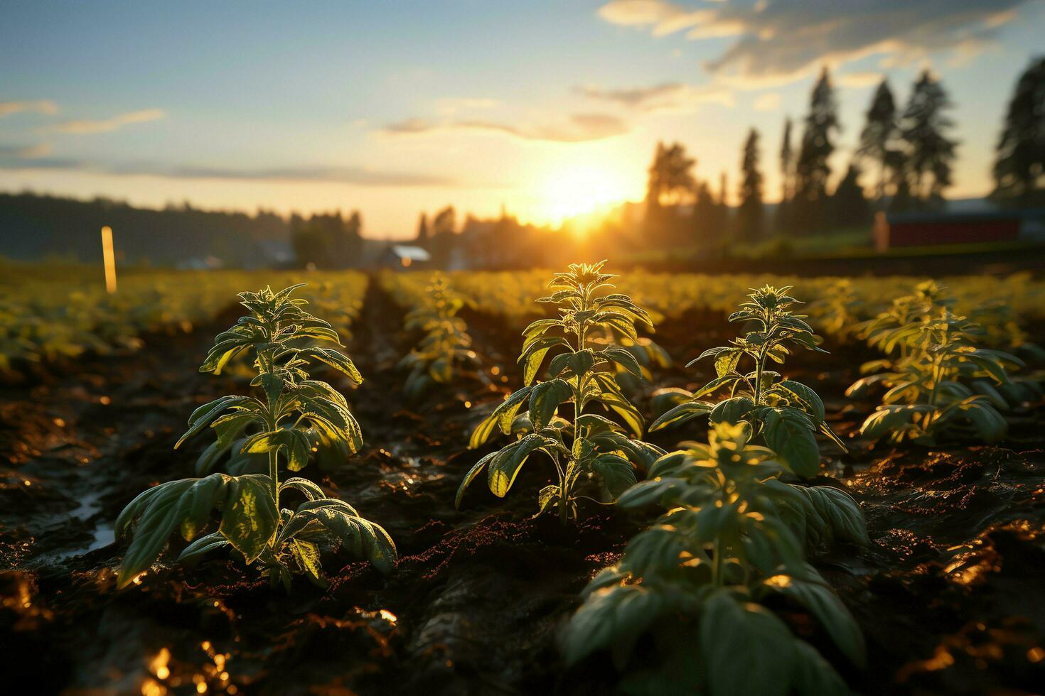 lindo Visão do uma chá campo plantação, Vinhedo Fazenda ou morango jardim dentro a verde colinas às nascer do sol conceito de ai gerado foto